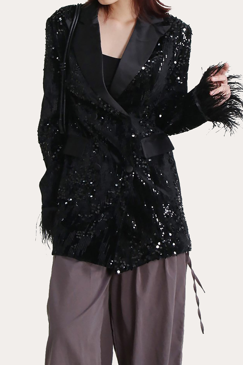 Glitter Black Sequins Women Prom Homecoming Blazer med fjær