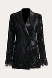 Glitter Black Sequins Women Prom Homecoming Blazer med fjær