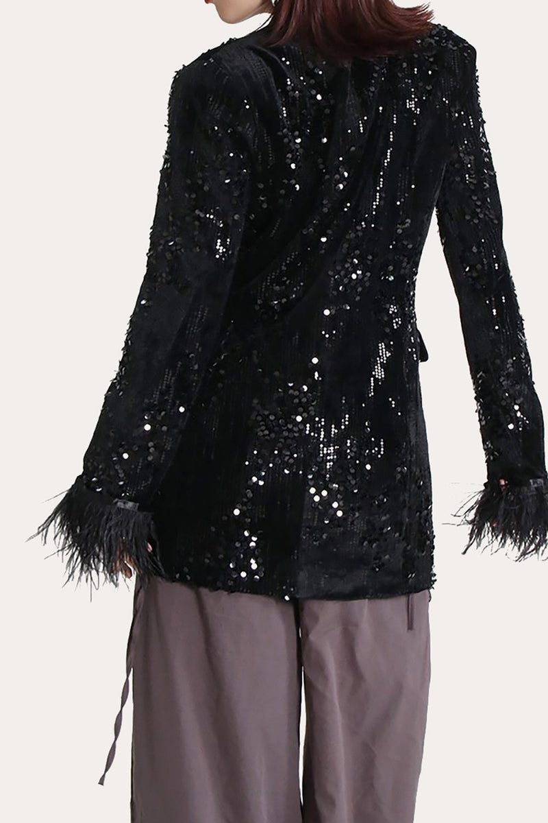 Load image into Gallery viewer, Glitter Black Sequins Women Prom Homecoming Blazer med fjær