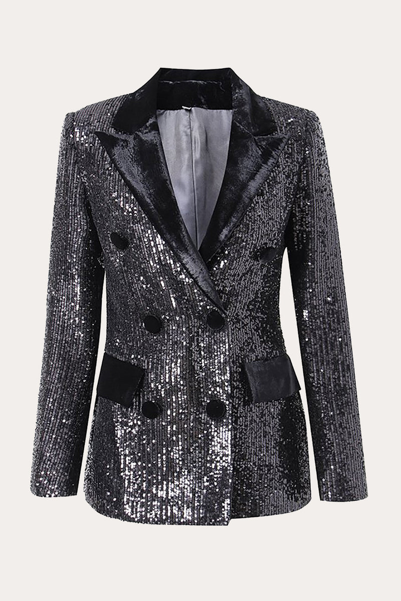 Load image into Gallery viewer, Sparkly Black Sequins Double Breasted Kvinner Prom Blazer