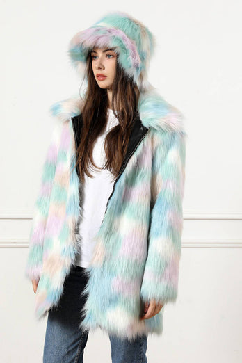 Blue Faux Fur ong Shaggy Coat med Hat Set
