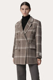 Khaki Plaid Hakket Lapel Double Breasted Women Ullfrakk