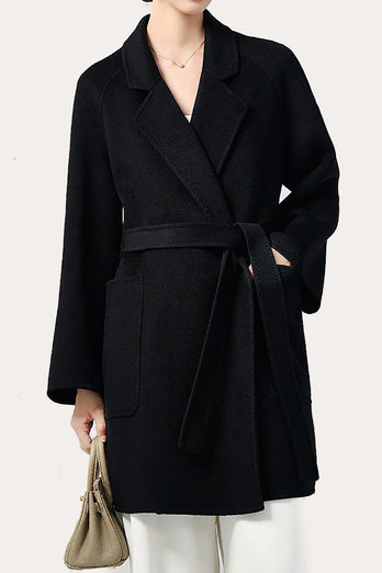 Svart hakket lapel midi dame ullfrakk med belte