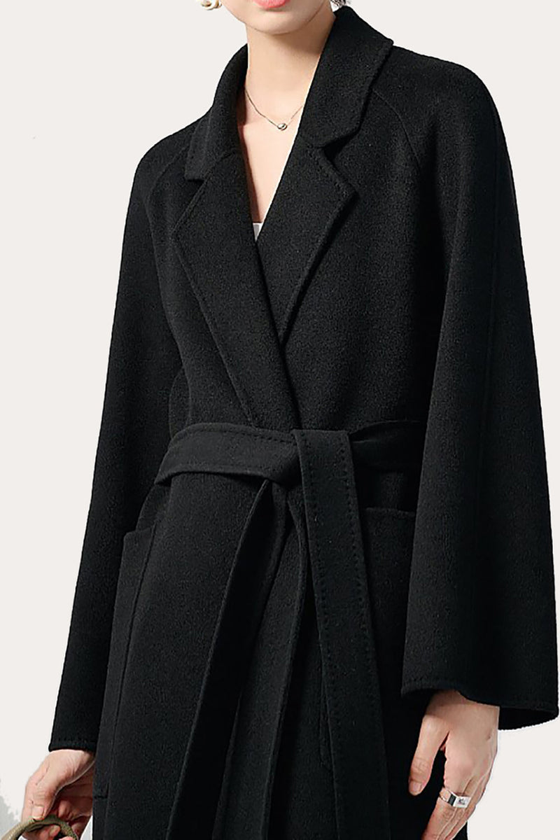 Load image into Gallery viewer, Svart hakket lapel midi dame ullfrakk med belte