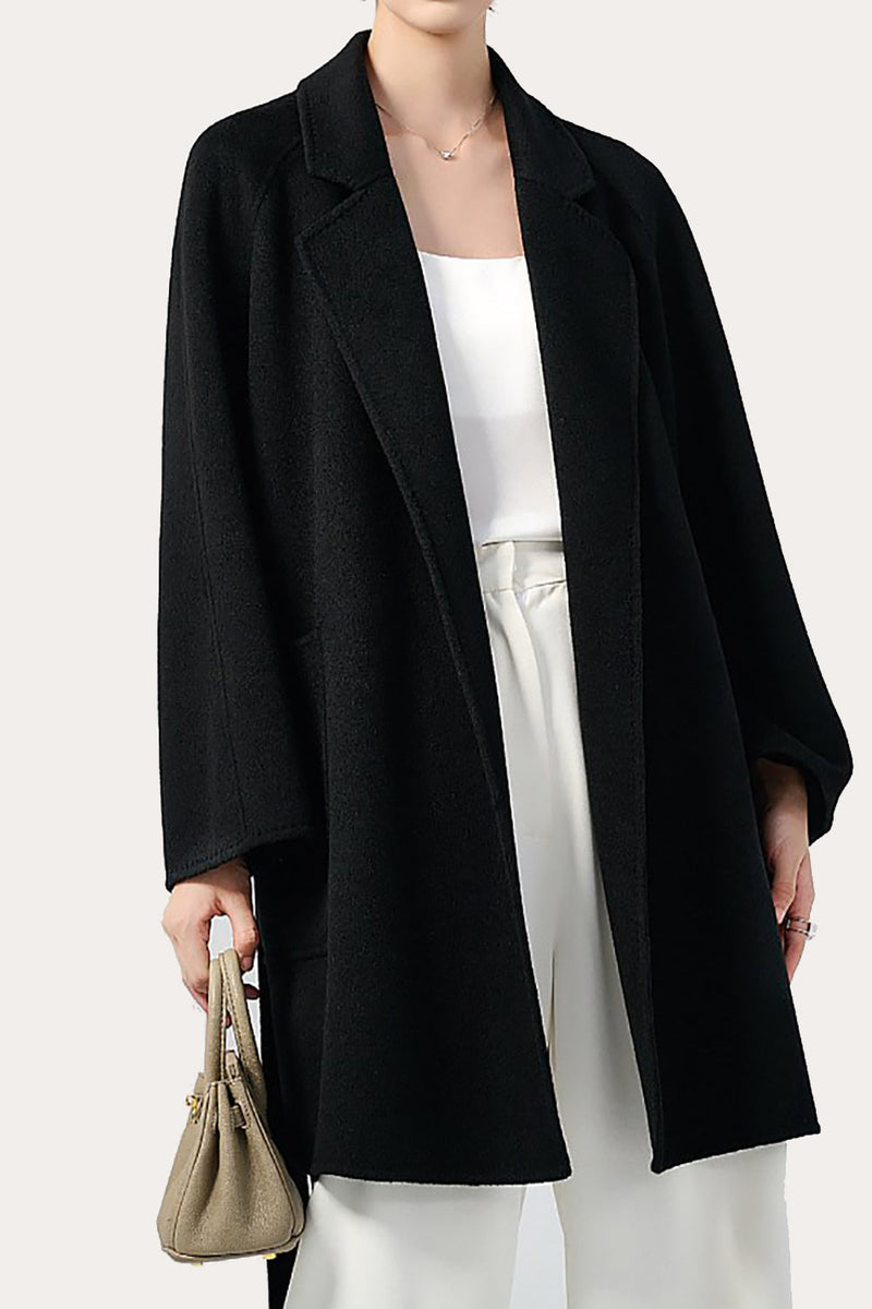 Load image into Gallery viewer, Svart hakket lapel midi dame ullfrakk med belte