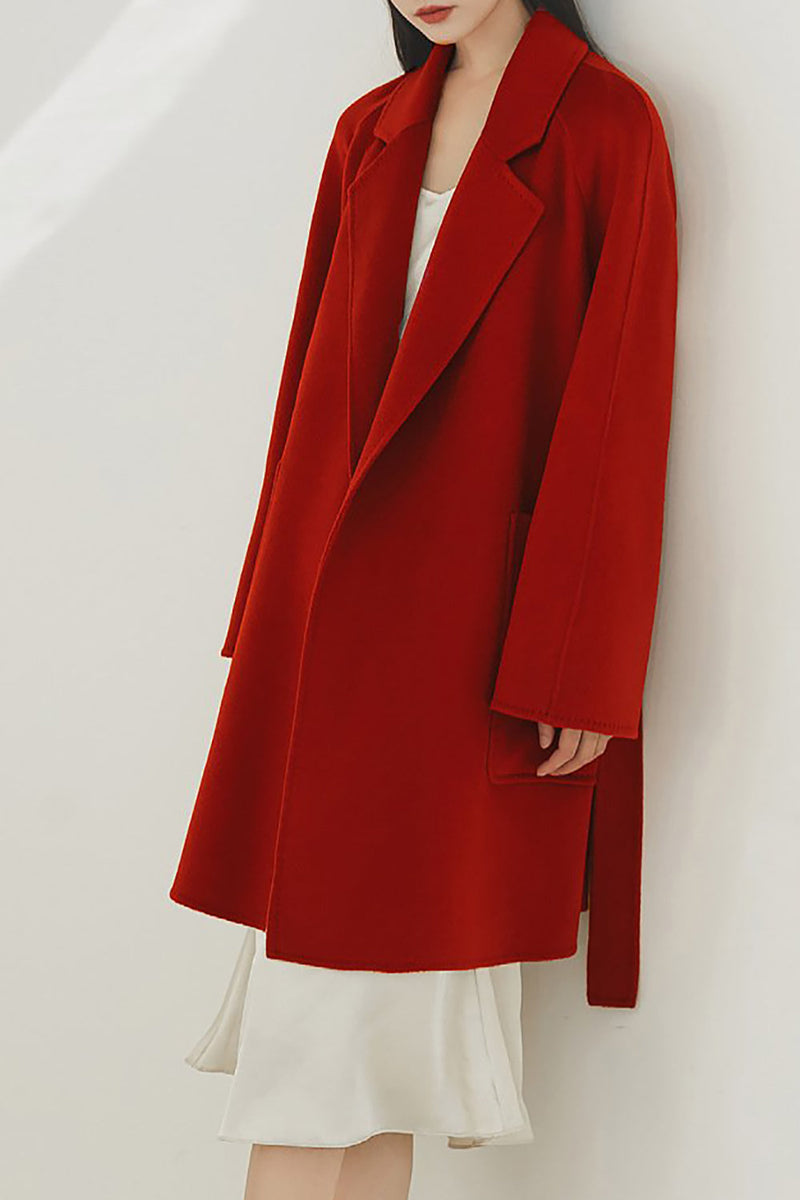 Load image into Gallery viewer, Svart hakket lapel midi dame ullfrakk med belte