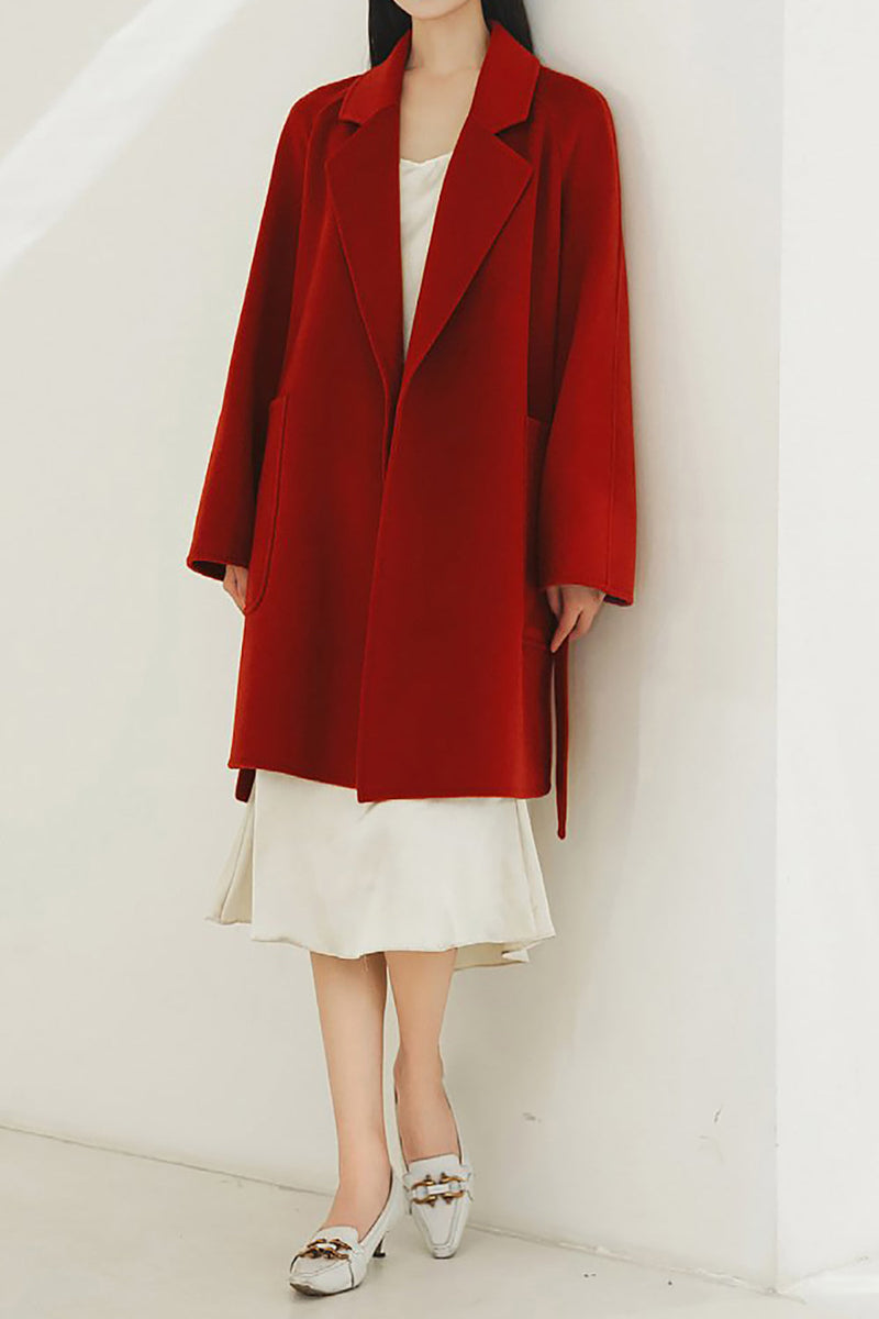 Load image into Gallery viewer, Svart hakket lapel midi dame ullfrakk med belte