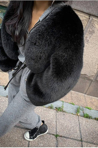 Black Shawl Lapel Faux Fur Beskåret Fluffy Coat