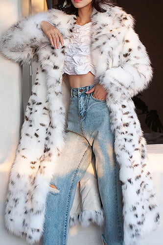 Hvit trykt åpen front Long Faux Fur Women Coat