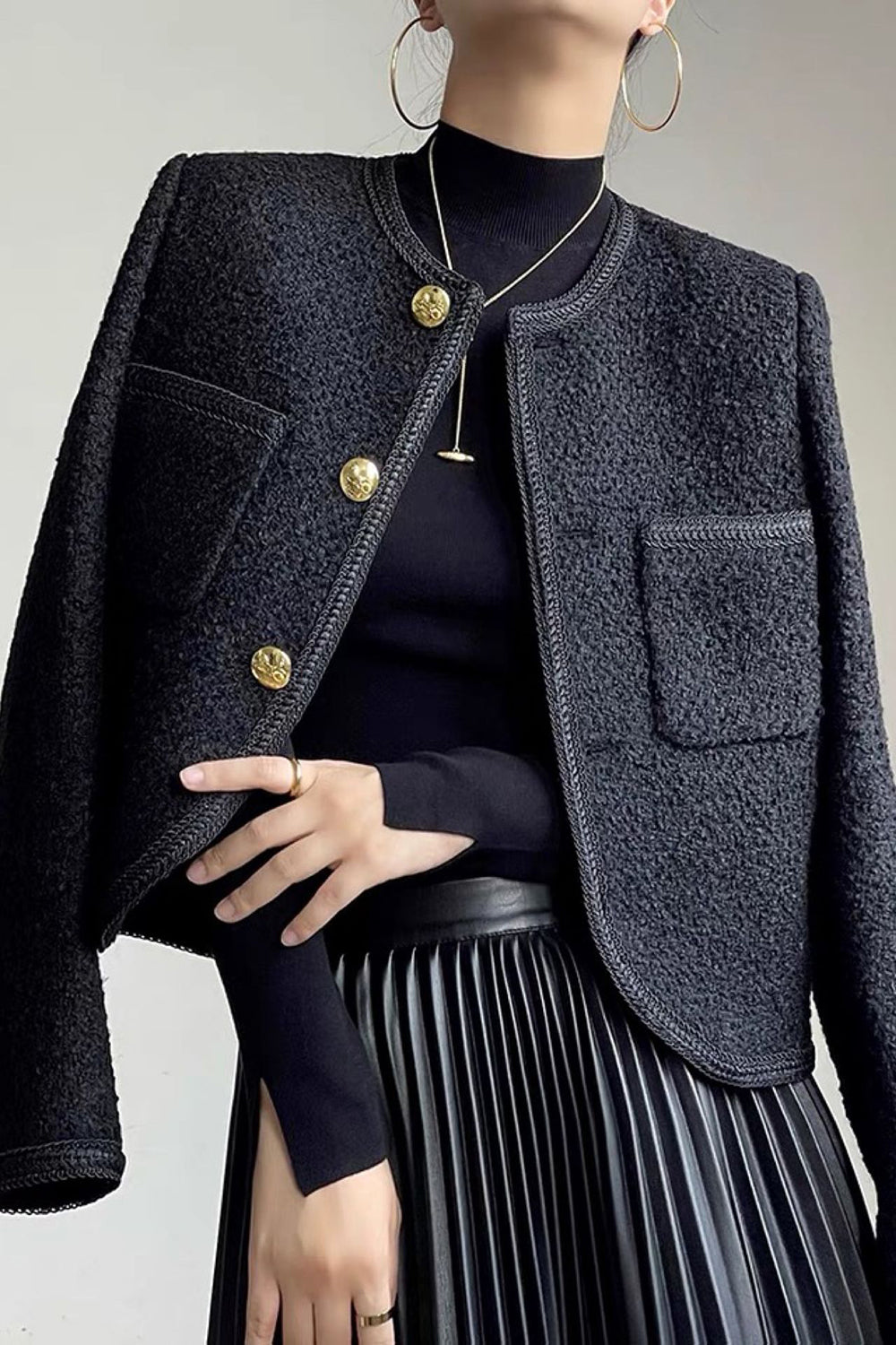 Black Tweed sjal jakkeslaget beskåret kvinner frakk