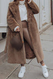 Khaki Faux Fur Shearling Long Open Front Coat med belte