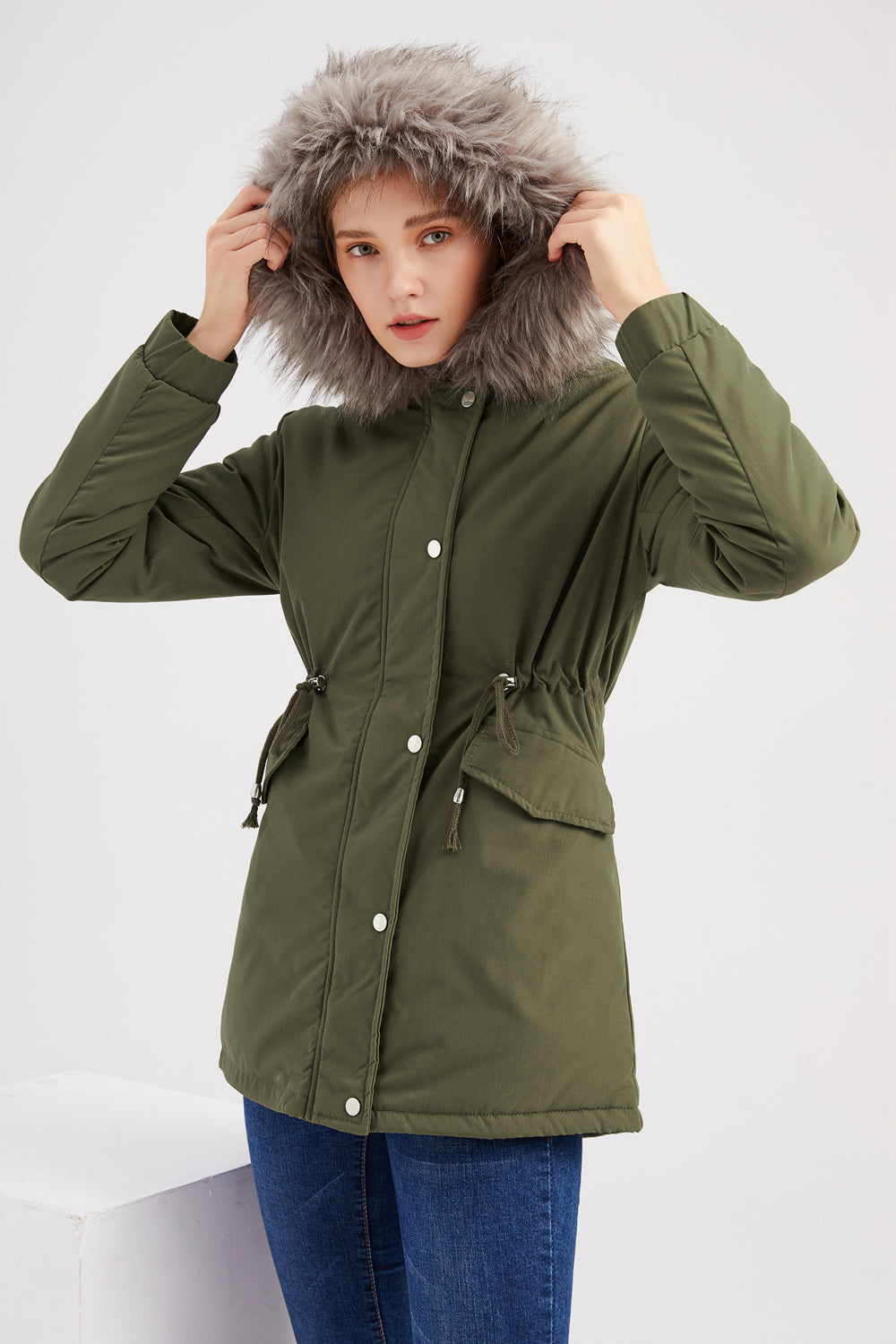 Army Green Mid-Lengde hette Winter Warm Plus Fleece Coat