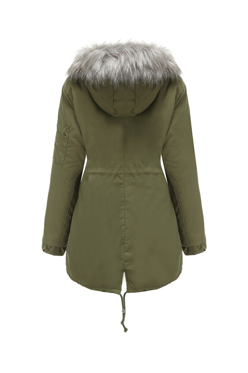 Load image into Gallery viewer, Army Green Mid-Lengde hette Winter Warm Plus Fleece Coat