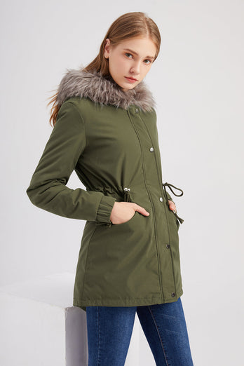 Army Green Mid-Lengde hette Winter Warm Plus Fleece Coat