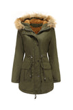 Army Green Fur krage Drawstring Midje Fortykket Mid Coat