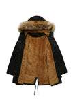 Army Green Fur krage Drawstring Midje Fortykket Mid Coat