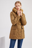 Army Green Fur krage Drawstring Midje Fortykket Mid Coat