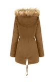 Army Green Fur krage Drawstring Midje Fortykket Mid Coat