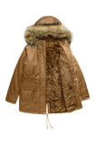 Army Green Fur krage Drawstring Midje Fortykket Mid Coat