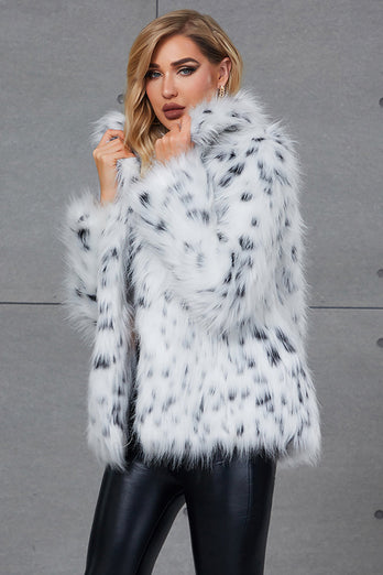 Hvit leopard print jakkeslag hals fuskepels kvinner frakk