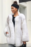 Hvit Oversized Open Front Faux Fur Women Coat