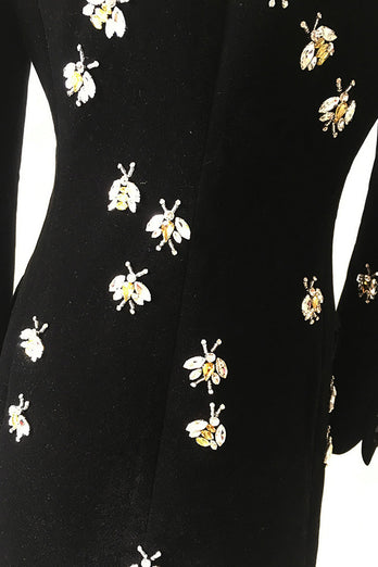 Sparkly Black Velvet Beaded Bees Women Blazer