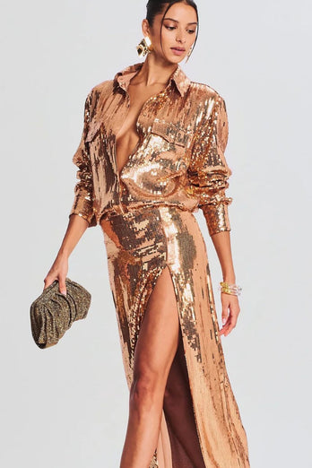 Sparkly Gold Sequins Lapel Neck Blazer Dress med Slit