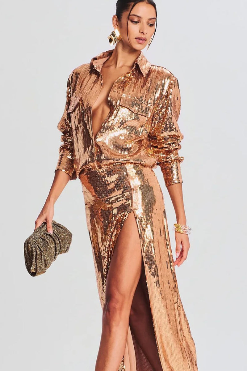 Load image into Gallery viewer, Sparkly Gold Sequins Lapel Neck Blazer Dress med Slit