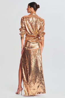 Sparkly Gold Sequins Lapel Neck Blazer Dress med Slit