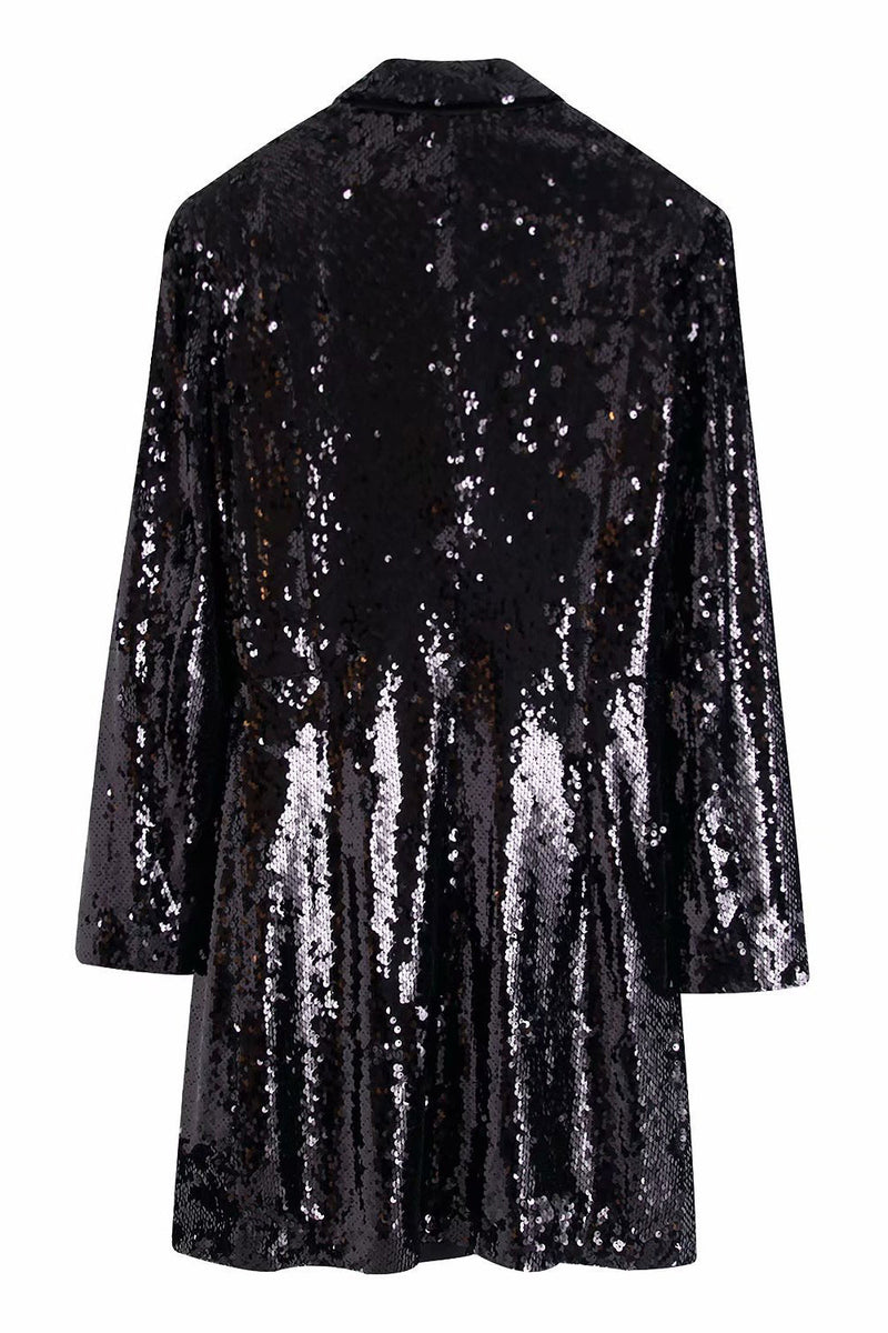 Load image into Gallery viewer, Sparkly Black Sequins Wrap Blazer Dress