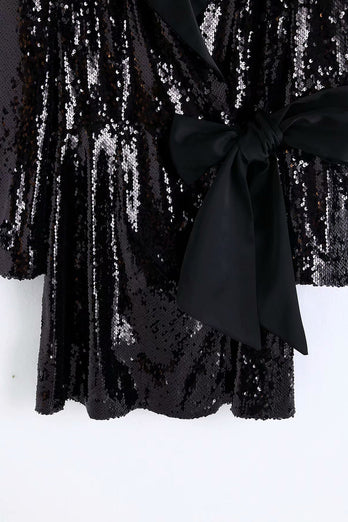 Sparkly Black Sequins Wrap Blazer Dress