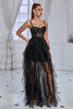 Load image into Gallery viewer, Glitter Svart korsett Spaghetti stropper Lang formell kjole med volanger
