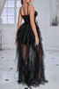 Load image into Gallery viewer, Glitter Svart korsett Spaghetti stropper Lang formell kjole med volanger