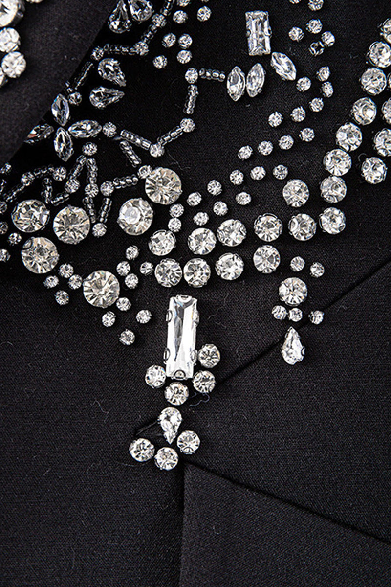 Load image into Gallery viewer, Glitter Black Peak Lapel Beaded Women Prom Blazer med fjær