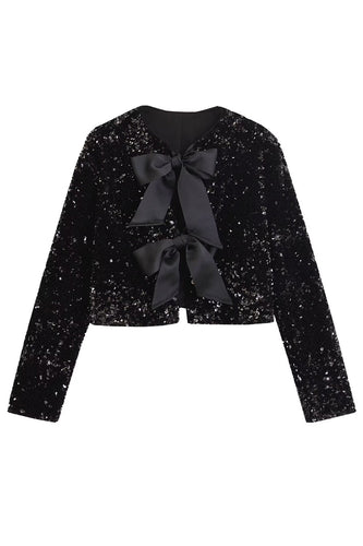 Sparkly Black Sequins Cropped Women Blazer med Bowknot