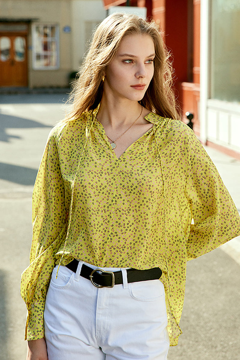 Load image into Gallery viewer, Gul Floral Oversized Silk Kvinner Bluse
