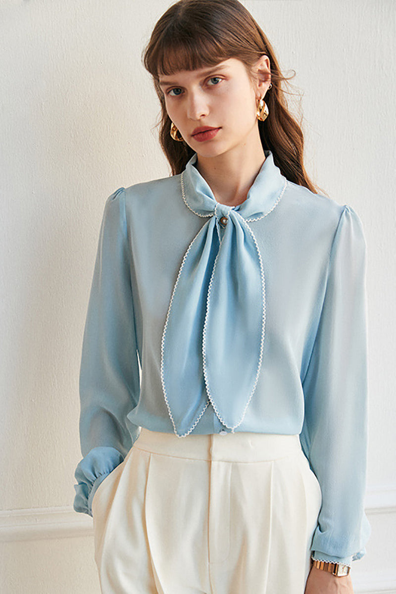 Load image into Gallery viewer, Sky Blue Silk Kvinner Bluse med Bowknot