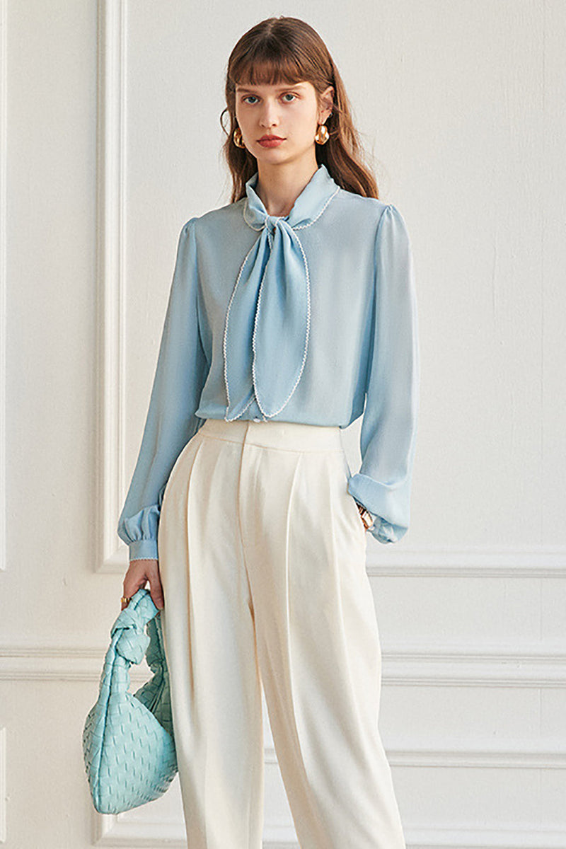 Load image into Gallery viewer, Sky Blue Silk Kvinner Bluse med Bowknot
