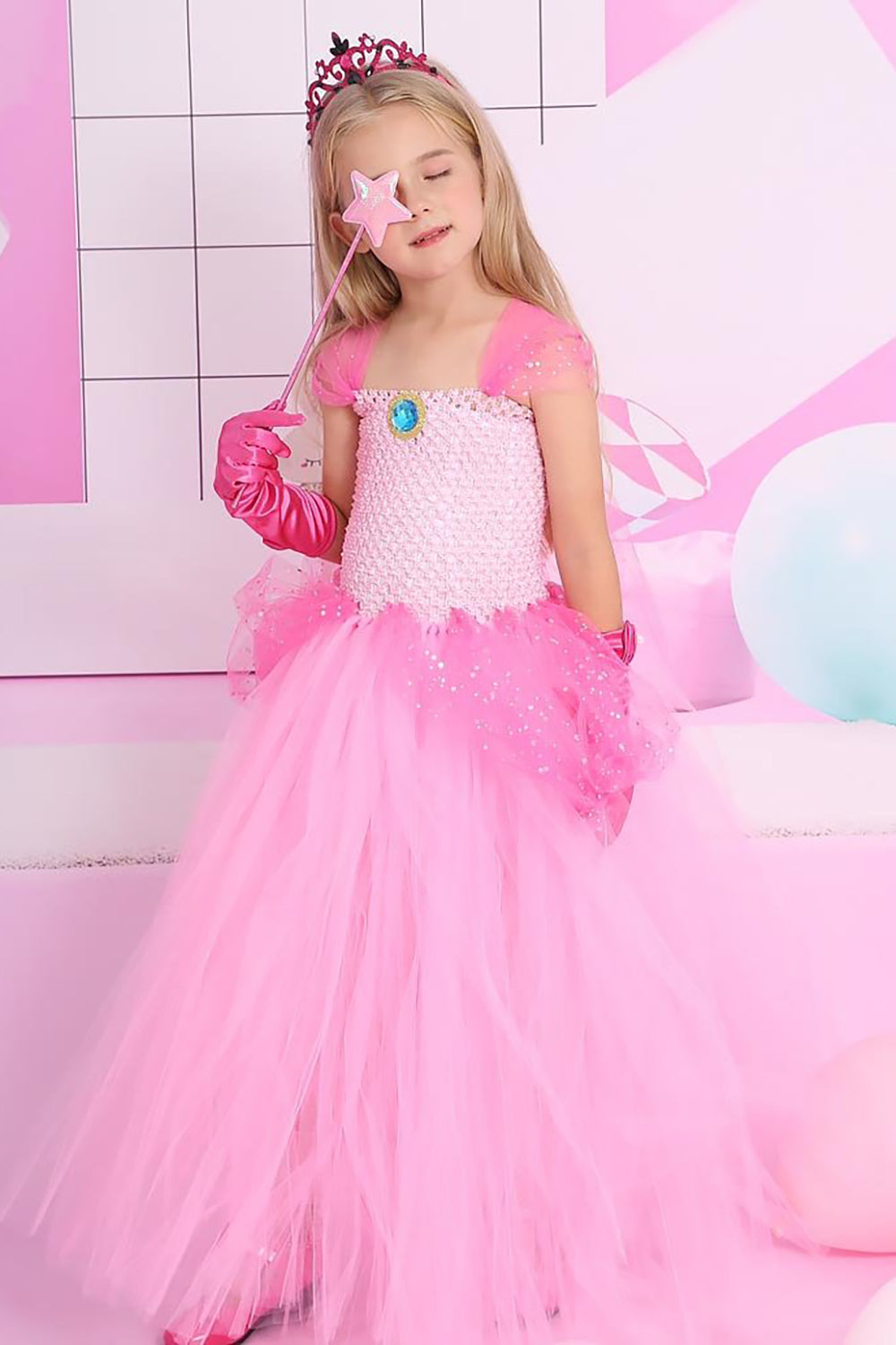 Glitter rosa tyll lang jente Halloween kjole sett