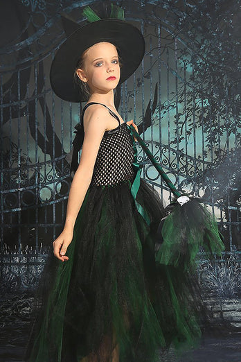 Mørkegrønn snøre-up foran tyll Halloween jente kjole