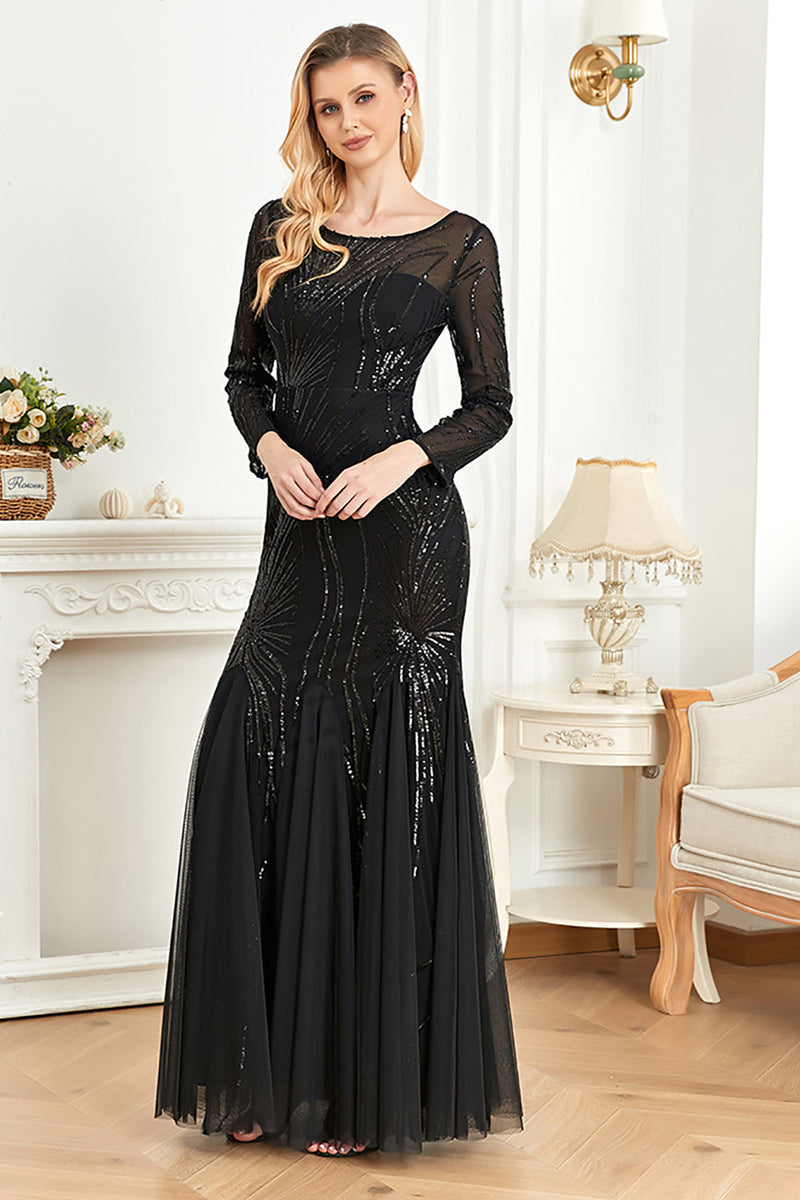 Load image into Gallery viewer, Havfrue paljetter båthals svart mor til bruden kjole med lange ermer