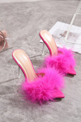 Varme rosa fjær spisse tå stiletto sandaler