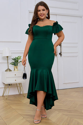 Mørk grønn av skulderen Ruffles Korte ermer Havfrue Plus Size Evening Dress