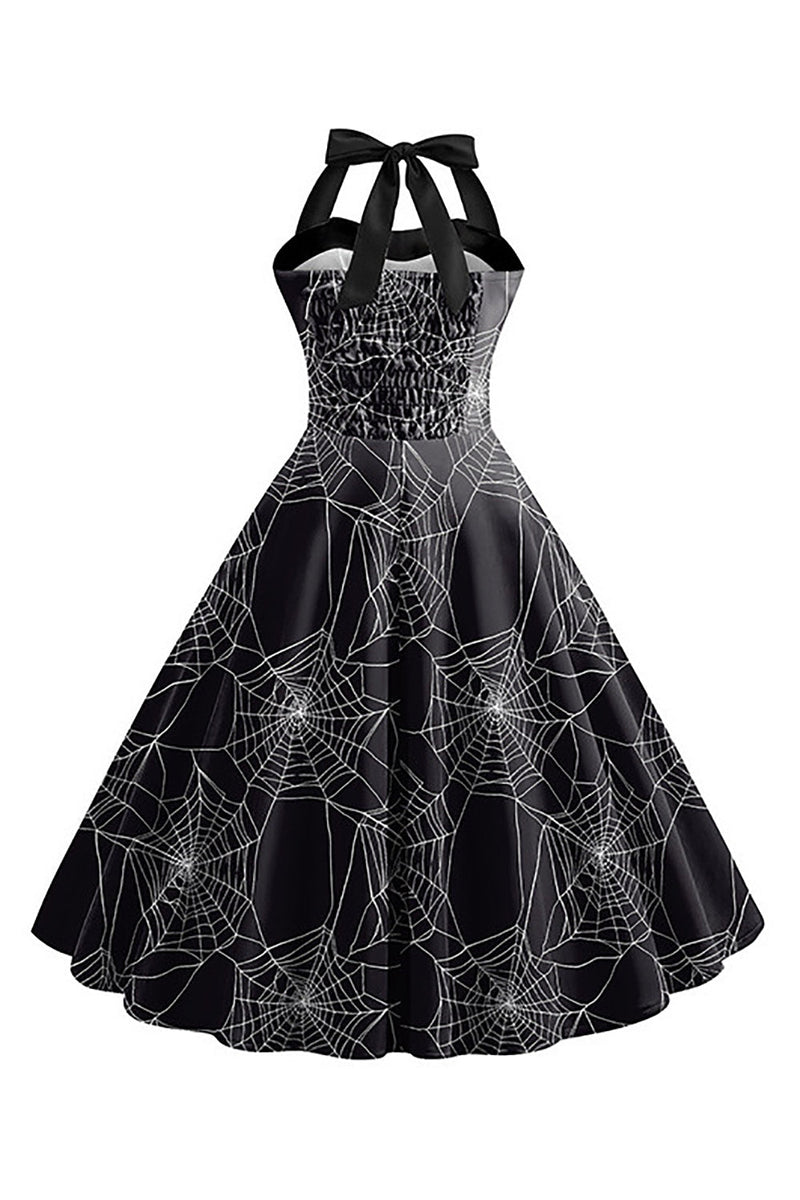 Load image into Gallery viewer, Halloween mønster svart halter hals vintage kjole