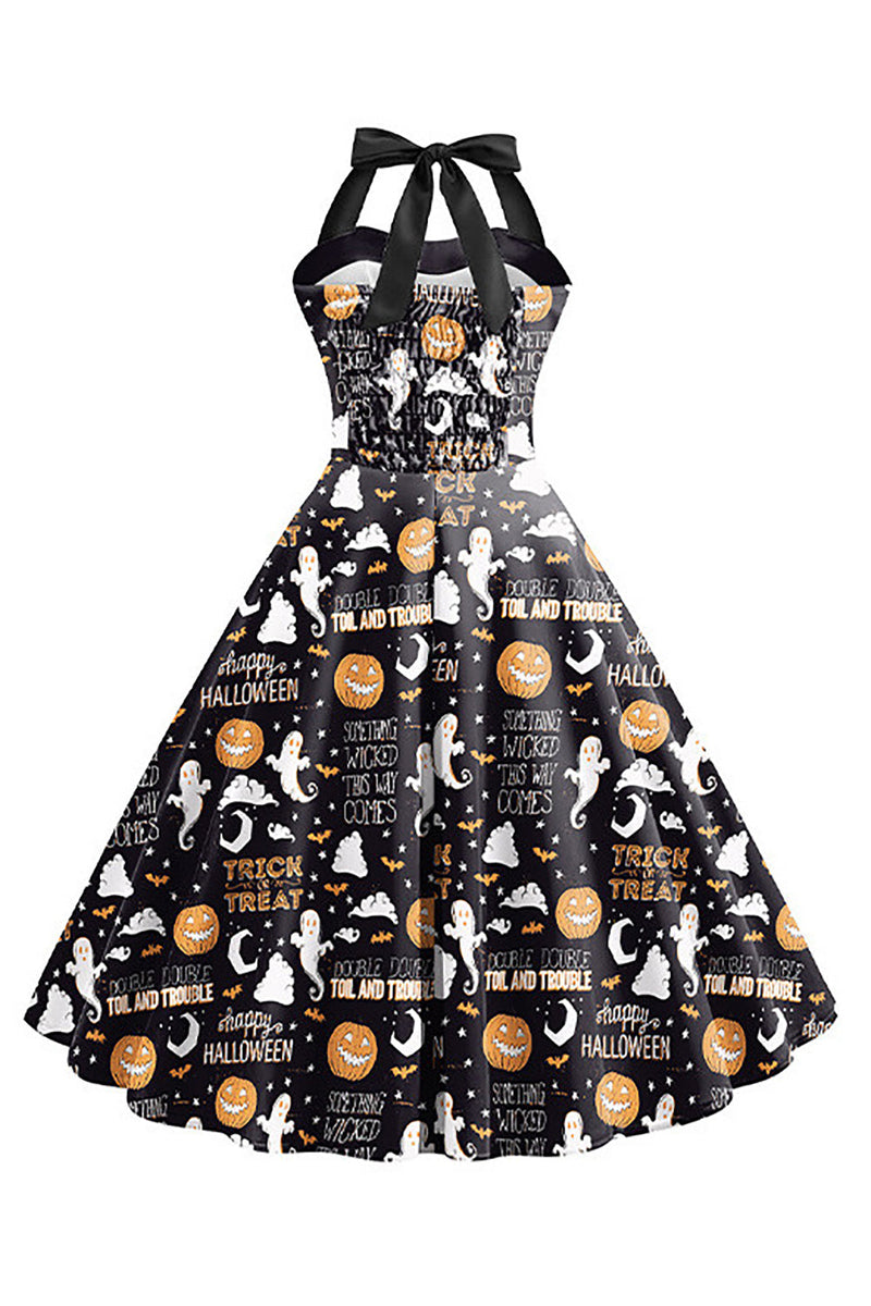 Load image into Gallery viewer, Halloween mønster svart halter hals vintage kjole