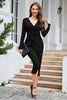 Load image into Gallery viewer, Slire V Neck Black Plus Size Holiday Party kjole med lange ermer