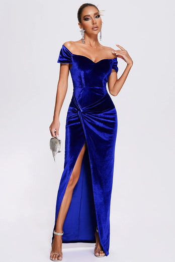 Av skulderen Royal Blue Velvet Holiday Party kjole med Slit