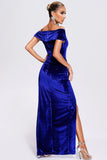 Av skulderen Royal Blue Velvet Holiday Party kjole med Slit