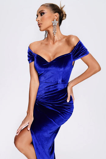 Av skulderen Royal Blue Velvet Holiday Party kjole med Slit