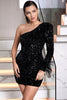 Load image into Gallery viewer, En skulder paljetter liten svart kjole med fjær